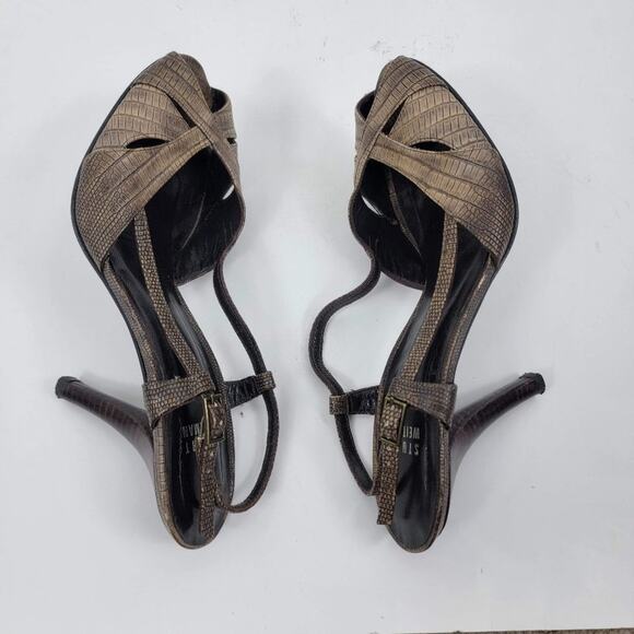 Stuart Weitzman Snakeskin Strappy Pumps Leather Peep Toe Brown Size 7.5M - Picture 5 of 7